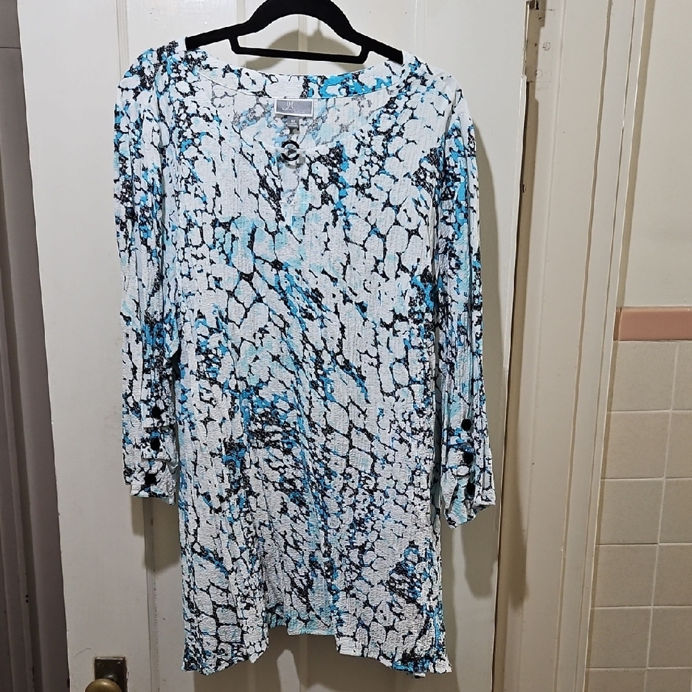 JM Collection Blue, Black and White Patterned Top Tunic